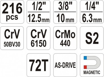Tööriista komplekt 1/2"-3/8"  216 osa