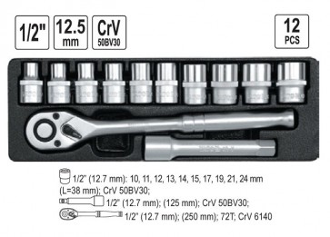 Padrunvõtmete 12-osaline komplekt pikenduse ja tirrvõtmega 1/2" 10-22 mm