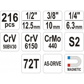 Tööriista komplekt 1/2"-3/8"  216 osa