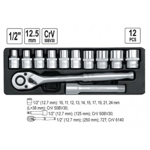 Padrunvõtmete 12-osaline komplekt pikenduse ja tirrvõtmega 1/2" 10-22 mm